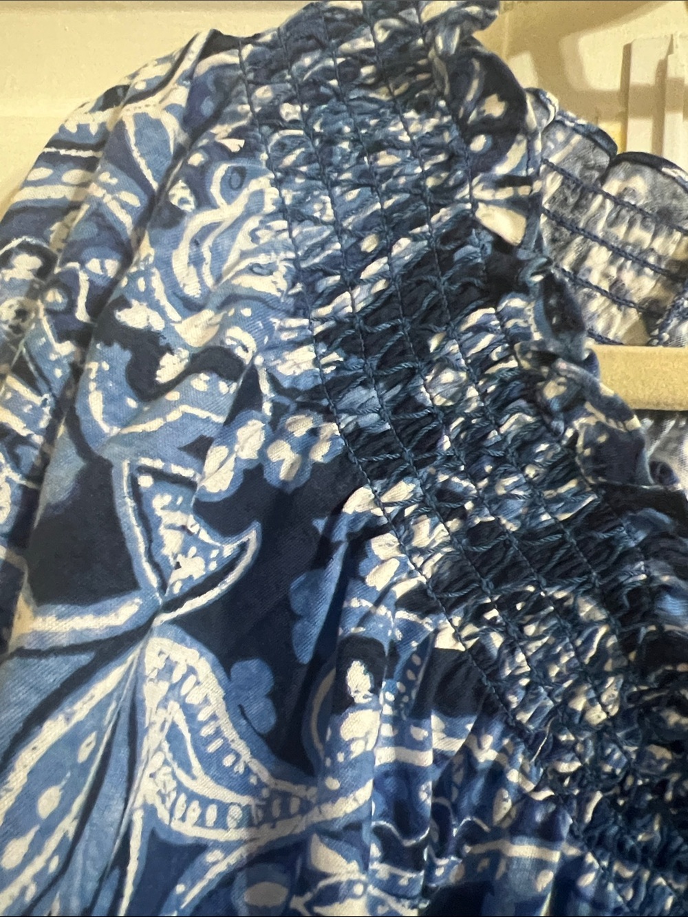 Lauren Ralph Lauren Navy and Light Blue Paisley Smocked Peasant Blouse - Picture 4 of 6